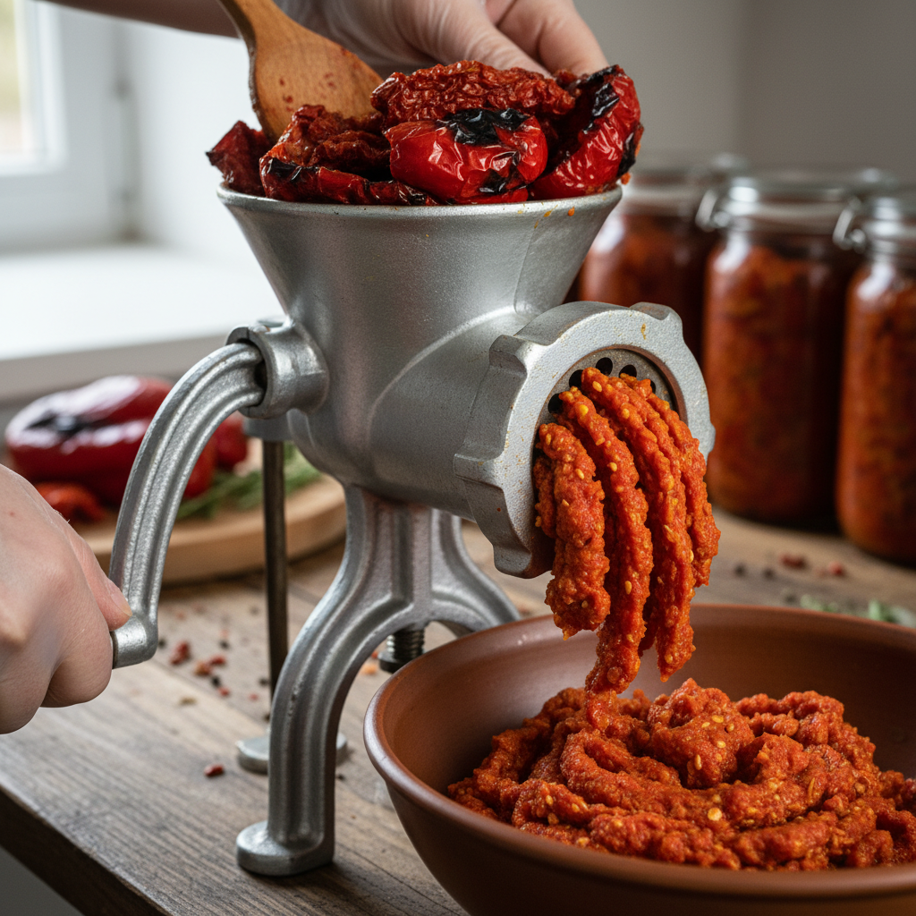 Grinding roasted vegetables for lutenitsa
